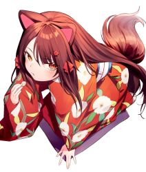 Rule 34 | 1girl, :t, all fours, animal ears, blonde hair, brown hair, closed mouth, dog ears, dog tail, floral print, flower, hair flower, hair ornament, hair ribbon, inui toko, inui toko (4th costume), japanese clothes, kimono, long hair, long sleeves, nijisanji, print kimono, red eyes, ribbon, simple background, solo, sukuna136, tail, very long hair, virtual youtuber, white background, yellow eyes
