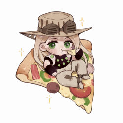 Rule 34 | 1boy, black shirt, blonde hair, chakanyuantu, cheese trail, chibi, eating, food, green eyes, gyro zeppeli, highres, holding, holding food, holding pizza, jojo no kimyou na bouken, long hair, looking at viewer, pizza, shirt, short sleeves, simple background, solo, steel ball run, white background