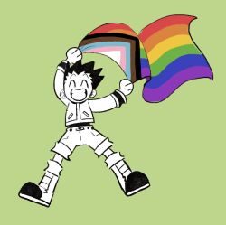 Rule 34 | 1boy, black hair, child, closed eyes, flag, full body, gon freecss, green background, holding, holding flag, hunter x hunter, lgbt pride, long sleeves, male focus, partially colored, pride month, rainbow flag, short hair, shorts, simple background, smile, spiked hair, tiredhomeboi