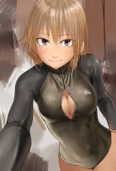 Rule 34 | 1girl, black one-piece swimsuit, blonde hair, blush, breasts, brown background, brown eyes, cleavage, cleavage cutout, closed mouth, clothing cutout, commentary request, cowboy shot, front zipper swimsuit, highres, kilye kairi, large breasts, long sleeves, looking at viewer, medium hair, meme attire, one-piece swimsuit, original, skin tight, smile, solo, swimsuit