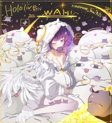 1girl absurdres breasts character_costume character_name chocolate_chip_cookie chocosong cookie english_text feathered_wings feathers food halo highres hololive hololive_english hood hood_up looking_at_viewer low_wings medium_breasts mouth_hold ninomae_ina&#039;nis one_eye_closed pajamas pantyhose purple_eyes purple_hair shoes short_hair solo speech_bubble sweatdrop takodachi_(ninomae_ina&#039;nis) virtual_youtuber wah white_feathers white_pajamas white_pantyhose white_shoes wings yellow_halo