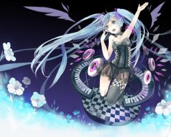 Rule 34 | 1girl, arm up, bare shoulders, blue eyes, blue hair, breasts, checkered floor, collar, female focus, floor, flower, gradient background, hatsune miku, headset, long hair, matching hair/eyes, open mouth, piano keys, plant, sakuragi kei, single thighhigh, skirt, solo, thighhighs, twintails, very long hair, vocaloid