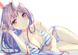 Rule 34 | 1girl, absurdres, animal ears, bare shoulders, bikini, blush, breasts, cleavage, closed mouth, collarbone, commentary request, diving penguin, feet out of frame, fingernails, hand in own hair, highres, large breasts, long hair, looking at viewer, lying, navel, on side, purple eyes, purple hair, rabbit ears, reisen udongein inaba, side-tie bottom, simple background, smile, solo, striped bikini, striped clothes, swimsuit, thighs, touhou, very long hair, white background