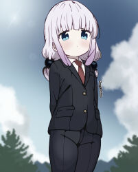 Rule 34 | 1girl, arms behind back, beads, black jacket, black pants, black suit, blue eyes, blue sky, business suit, cloud, collared shirt, formal, gradient hair, hair beads, hair ornament, highres, jacket, kanna kamui, kobayashi-san chi no maidragon, light purple hair, long hair, looking at viewer, multicolored hair, necktie, office lady, outdoors, pant suit, pants, purple hair, red necktie, shirt, sidelocks, sky, sleepyyetawake, solo, standing, suit, suit jacket, twintails