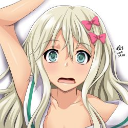 Rule 34 | 1girl, artist name, blonde hair, bow, collarbone, commentary request, dated, dress, grecale (kancolle), green eyes, hair between eyes, hair bow, highres, kantai collection, long hair, open mouth, pink bow, sailor collar, sailor dress, signature, simple background, solo, tk8d32, white background, white dress, white sailor collar