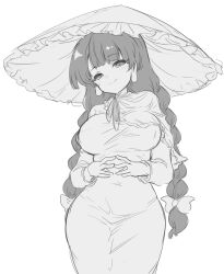 Rule 34 | 1girl, ajirogasa, braid, breasts, closed mouth, commentary, dress, efukei, frilled hat, frills, greyscale, hat, highres, large breasts, long earlobes, long hair, long sleeves, looking at viewer, monochrome, simple background, smile, solo, touhou, twin braids, yatadera narumi