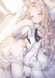 Rule 34 | 1girl, animal ears, bare shoulders, bed sheet, blonde hair, blue archive, bow, cross halo, detached sleeves, dress, expressionless, flower, forehead, fox ears, frilled dress, frills, gradient eyes, hair bow, hair flower, hair ornament, hair spread out, halo, highres, long hair, looking at viewer, lying, multicolored eyes, on side, pantyhose, parted bangs, parted lips, seia (blue archive), sleeve bow, sleeves past fingers, sleeves past wrists, solo, striped clothes, striped pantyhose, topia, vertical-striped clothes, vertical-striped pantyhose, very long hair, white dress, white pantyhose, yellow eyes