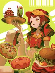 Rule 34 | 1girl, apron, barcode, burger, buttons, double-breasted, doughnut, dress, food, green background, hair ornament, hairclip, hand up, highres, holding, holding tray, ice cream, ice cream float, kagenoyuhi, knee up, low twintails, medium hair, open mouth, orange eyes, original, puffy short sleeves, puffy sleeves, red dress, red hair, short sleeves, sidelocks, sitting, solo, tray, twintails, visor cap, waist apron, white apron