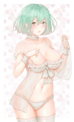 Rule 34 | 1girl, :o, akicho, babydoll, blush, bob cut, bow, bow panties, breasts, chinese commentary, choker, cleavage, collarbone, commentary request, cowboy shot, frilled choker, frilled panties, frills, green hair, hair between eyes, hands up, highres, large breasts, looking at viewer, midriff, navel, open mouth, original, panties, see-through, short hair, skindentation, solo, spaghetti strap, stomach, strap slip, thighhighs, underwear, underwear only, white babydoll, white panties, white thighhighs, wristband