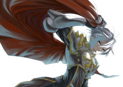 Rule 34 | 1boy, armor, azumi on, black shirt, breastplate, cape, commentary request, cross, dutch angle, gauntlets, hair between eyes, holding, holding cape, holding clothes, looking at viewer, lord knight (ragnarok online), male focus, parted lips, pauldrons, ragnarok online, red cape, red eyes, seyren windsor, shirt, short hair, shoulder armor, simple background, solo, upper body, white background, white hair
