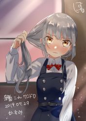 Rule 34 | 1girl, belt, brown eyes, character name, cowboy shot, dated, dress, grey hair, hatu xxgoukan, holding, holding own hair, kantai collection, kasumi (kancolle), kasumi kai ni (kancolle), long hair, long sleeves, looking at viewer, neck ribbon, pinafore dress, red ribbon, ribbon, shirt, sleeveless, sleeveless dress, solo, white shirt, window