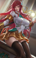 Rule 34 | 1girl, alternate costume, armlet, battle academia lux, blouse, braid, breasts, collared shirt, commentary, english commentary, green eyes, green neckwear, hair ornament, holding, holding staff, indoors, large breasts, league of legends, lexaiduer, long hair, long sleeves, looking at viewer, lux (league of legends), magic, parted lips, pleated skirt, red hair, ribbon, shirt, sitting, skin tight, skirt, staff, swept bangs, taut clothes, taut shirt, thighhighs, thighs, white shirt, wrist cuffs, yellow ribbon, yellow skirt