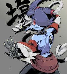 Rule 34 | 1girl, 770mk, back, black neckwear, blue skin, bone, colored skin, decay, fighting stance, grey background, hair over one eye, leviathan (skullgirls), martial arts, red eyes, shading, skeletal arm, skeletal tail, skullgirls, squigly (skullgirls), stitched mouth, stitches, striped sleeves, tail, twitter username, zombie