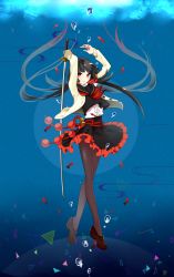 Rule 34 | 1girl, arms up, bell, beniko, black hair, black pantyhose, black serafuku, black skirt, bubble, cardigan, choubi himenoka, commentary request, fingernails, fish, frilled skirt, frills, highres, holding, holding sword, holding weapon, katana, loafers, long hair, looking at viewer, low twintails, nail polish, open cardigan, open clothes, pantyhose, pleated skirt, red eyes, red nails, school uniform, scrunchie, serafuku, shapes, shoes, skirt, solo, sword, touran-sai, twintails, underwater, very long hair, weapon