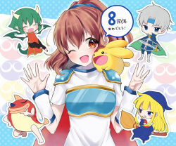 Rule 34 | 2boys, 3girls, animal, animal on shoulder, arle nadja, armor, black pants, blonde hair, blue cape, blue eyes, blue footwear, blue hairband, blue headwear, blue robe, blush, breastplate, broom, broom riding, brown eyes, brown hair, cape, capelet, carbuncle (puyopuyo), chibi, china dress, chinese clothes, closed eyes, draco centauros, dragon girl, dragon horns, dragon tail, dragon wings, dress, fang, finger counting, frown, gloves, green hair, grey hair, hairband, holding, holding sword, holding weapon, horns, kashima miyako, laughing, madou monogatari, armored boots, multiple boys, multiple girls, open mouth, outstretched arms, pants, pointy ears, ponytail, puyopuyo, red cape, red dress, red footwear, robe, schezo wegey, shirt, short hair, speech bubble, spread arms, suketoudara, sword, tail, translation request, weapon, white capelet, white gloves, white shirt, wings, witch (puyopuyo)