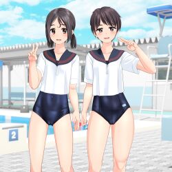 Rule 34 | 2girls, absurdres, black hair, black one-piece swimsuit, black sailor collar, blue sky, breasts, brown eyes, cameltoe, cloud, collarbone, commentary request, competition school swimsuit, covered navel, day, feet out of frame, highres, lifeguard chair, looking at viewer, low twintails, multiple girls, new school swimsuit, one-piece swimsuit, original, outdoors, pool, poolside, sailor collar, sailor shirt, school swimsuit, school uniform, serafuku, shirt, short hair, sky, small breasts, starting block, swimsuit, swimsuit under clothes, takafumi, twintails, v, white shirt