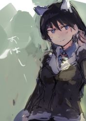 Rule 34 | 1girl, adolfine galland, animal ears, bad id, bad twitter id, black hair, blue eyes, bomber jacket, cat ears, cross, gradient background, hand in own hair, iron cross, jacket, long hair, ohashi (hashidate), smile, solo, strike witches, strike witches zero, upper body, world witches series