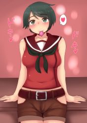 Rule 34 | 10s, 1girl, bad id, bad pixiv id, blush, condom, condom in mouth, green hair, heart, heart-shaped pupils, kantai collection, mogami (kancolle), mos (mostfunny), mouth hold, school uniform, short hair, shorts, solo, symbol-shaped pupils