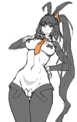 Rule 34 | 1girl, architect (girls&#039; frontline), black hair, blush, breasts, girls&#039; frontline, highres, image sample, kahill, long hair, looking at viewer, medium breasts, meme attire, navel, purple eyes, rabbit ears, reverse bunnysuit, reverse outfit, side ponytail, smile, solo, twitter sample, white background