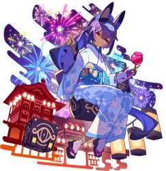 Rule 34 | 1girl, architecture, artist request, bell, blue hairband, blue kimono, blush, candy apple, closed mouth, crossed bangs, cube, dark-skinned female, dark skin, east asian architecture, egasumi, female focus, fireworks, flat chest, floating, floating object, floral print, food, fox mask, frilled kimono, frilled sleeves, frills, full body, hair ornament, hairband, hairclip, hands up, happy, headgear, high ponytail, highres, holding, holding food, index finger raised, japanese clothes, jingle bell, kimono, lantern, long hair, long sleeves, looking at viewer, mask, nephtim (world flipper), night, non-web source, obi, official alternate costume, official art, orange eyes, outdoors, purple hair, sandals, sash, sidelocks, sitting, smile, socks, solo, tabi, transparent background, white socks, wide sleeves, world flipper
