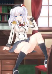 Rule 34 | 10s, 1girl, absurdres, arm support, bad id, bad pixiv id, beret, black hat, black shirt, black skirt, black socks, blazer, blue eyes, blush, book, bookshelf, breasts, chair, closed mouth, collared shirt, curtains, desk, epaulettes, frilled sleeves, frills, hair between eyes, hand in own hair, hat, head tilt, highres, indoors, jacket, kantai collection, kashima (kancolle), kneehighs, long hair, long sleeves, looking at viewer, medium breasts, miniskirt, on desk, pleated skirt, shirt, shoes, silver hair, sitting, skirt, smile, socks, solo, surota, twintails, window, wing collar
