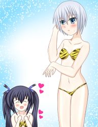 Rule 34 | bare shoulders, bikini, black hair, blue eyes, breasts, cleavage, embarrassed, flustered, grey hair, happy, heart, jinguuji kei, long hair, medium breasts, navel, neptune (series), noire (neptunia), open mouth, ribbon, s.o., short hair, small breasts, swimsuit, thighs, tiger, tsundere, twintails