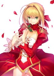 Rule 34 | 10s, blonde hair, bow, breasts, cleavage, epaulettes, fate/extra, fate (series), flower, gluteal fold, green eyes, hair bow, hair intakes, kauto, nero claudius (fate), nero claudius (fate) (all), nero claudius (fate/extra), panties, petals, puffy sleeves, rose, see-through, smile, solo, underwear