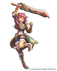 Rule 34 | 1girl, arm up, armor, belt, blue shorts, bracer, brown footwear, brown gloves, clenched hand, dress, elbow pads, full body, geetgeet, gloves, granadia saga, greaves, hair ornament, holding, holding sword, holding weapon, looking at viewer, medium hair, official art, pink hair, red eyes, shorts, sidelocks, solo, standing, standing on one leg, sword, thighhighs, watermark, weapon