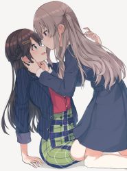 Rule 34 | 2girls, arm support, bare legs, blue dress, blue eyes, blue jacket, blush, brown hair, buttons, commentary request, dress, green skirt, grey hair, hair ornament, hands on another&#039;s cheeks, hands on another&#039;s face, hanetsuka, idolmaster, idolmaster shiny colors, imminent kiss, jacket, long hair, long sleeves, mitsumine yuika, multiple girls, open mouth, plaid, plaid skirt, purple eyes, red shirt, serious, shirt, simple background, sitting, skirt, striped clothes, striped jacket, vertical-striped clothes, vertical-striped jacket, white background, yukoku kiriko, yuri