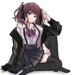 Rule 34 | 1girl, arm on knee, arm support, black jacket, black ribbon, black skirt, black thighhighs, bow, bowtie, collared shirt, full body, hair ribbon, hand in own hair, hand up, head tilt, highres, jacket, jacket partially removed, knee up, long sleeves, looking at viewer, loose bowtie, medium hair, mikamiovo, mole, mole under eye, natsuki karin, pleated skirt, purple bow, purple bowtie, purple eyes, red hair, ribbon, shirt, shirt tucked in, simple background, sitting, skirt, solo, suspenders, synthesizer v, thighhighs, twintails, white background, white shirt, zettai ryouiki