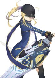Rule 34 | 10s, 1girl, absurdres, ahoge, artoria pendragon (all), artoria pendragon (fate), baseball cap, black scarf, black thighhighs, blonde hair, covered mouth, dual wielding, fate (series), floating hair, god eater, green eyes, hat, highres, holding, holding sword, holding weapon, jacket, jhcrow, legs apart, looking at viewer, mysterious heroine x (fate), open clothes, open jacket, ponytail, rojiura satsuki: chapter heroine sanctuary, saber (fate), scarf, shorts, sidelocks, simple background, solo, standing, sword, thighhighs, weapon, white background
