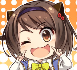 Rule 34 | 1girl, ;d, blue capelet, blush, bow, bowtie, brown eyes, brown hair, capelet, collared shirt, commentary request, draph, fingers to cheeks, granblue fantasy, hair bobbles, hair intakes, hair ornament, hairband, highres, horns, long sleeves, looking at viewer, luupechi, one eye closed, open mouth, orange background, portrait, shirt, short hair, sidelocks, smile, solo, white shirt, yaia (granblue fantasy), yellow bow
