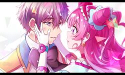 Rule 34 | 1boy, 1girl, black border, black pepper (precure), blue eyes, border, cone hair bun, couple, cure precious, delicious party precure, earrings, eye contact, gloves, grey hair, grin, hair bun, hairband, hetero, highres, jewelry, kyoutsuugengo, letterboxed, long hair, looking at another, magical girl, nagomi yui, open mouth, pink hair, portrait, precure, purple eyes, red hairband, shinada takumi, short hair, smile, sweatdrop, white background, white gloves