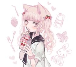 Rule 34 | 1girl, animal ears, black necktie, black sailor collar, blush, bottle, bow, drink, drinking straw, english text, eyelashes, food, food-themed hair ornament, fork, fruit, hair bow, hair ornament, heart, holding, holding drink, holding drinking straw, long hair, looking away, low twintails, milk bottle, milk carton, necktie, original, pink bow, pink eyes, pink hair, pink scrunchie, sailor collar, scrunchie, shirt, short sleeves, simple background, solo, strawberry, strawberry hair ornament, strawberry milk, stuffed animal, stuffed rabbit, stuffed toy, supika, translated, twintails, upper body, wavy hair, white background, white shirt, wrist scrunchie