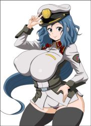 Rule 34 | 1girl, alternate legwear, blue eyes, blue hair, breasts, cosplay, covered erect nipples, curvy, green eyes, gundam, gundam build fighters, gundam seed, hat, huge breasts, iori rinko, jewelry, koutarosu, large breasts, long hair, looking at viewer, matching hair/eyes, mature female, murrue ramius, murrue ramius (cosplay), open mouth, panties, ponytail, ring, simple background, smile, solo, standing, thick thighs, thighs, underwear, voice actor connection, wedding band, wedding ring, white background, wide hips
