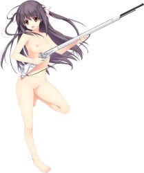 Rule 34 | 1girl, antique firearm, barefoot, black hair, breasts, completely nude, gun, firelock, flintlock, full body, gun, highres, holding, holding gun, holding weapon, iizuki tasuku, legs up, lil coulier, long hair, medium breasts, nipples, no pussy, nude, official art, open mouth, red eyes, rifle, seikishi melty lovers, solo, transparent background, two side up, weapon