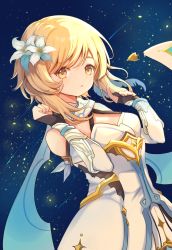Rule 34 | 1girl, arm guards, blonde hair, blurry, breasts, cleavage, comet, commentary request, depth of field, detached sleeves, dress, flower, genshin impact, hair between eyes, hair flower, hair ornament, highres, long sleeves, looking at viewer, lumine (genshin impact), marekamico, night, night sky, parted lips, scarf, short hair, short hair with long locks, sidelocks, sky, solo, star (sky), starry sky, white dress, white scarf, yellow eyes