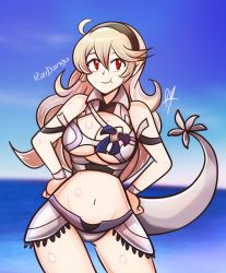 Rule 34 | 1girl, arms behind back, bikini, breasts, cleavage, corrin (female) (fire emblem), corrin (fire emblem), fire emblem, fire emblem fates, highres, looking at viewer, medium breasts, nintendo, pointy ears, raydango, red eyes, smile, solo, swimsuit, tail, thighs, underboob, white hair