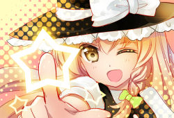 Rule 34 | 1girl, blonde hair, bow, braid, hair bow, hat, hat bow, kirisame marisa, nagare, one eye closed, open mouth, side braid, solo, star (symbol), touhou, witch hat, yellow eyes