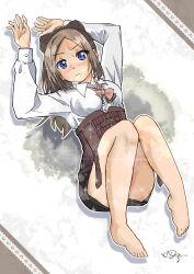 Rule 34 | 1girl, absurdres, arms up, artist name, assault lily, bare legs, barefoot, belt, belt buckle, blue eyes, blush, bow, bow-shaped hair, bowtie, breasts, brown belt, brown bow, brown bowtie, brown hair, brown skirt, buckle, closed mouth, collared shirt, commentary request, convenient leg, corset, full body, gradient background, grey background, high ponytail, highres, ichinomiya michaela himari, knees up, long hair, looking at viewer, ludvico private girls&#039; academy school uniform, lying, medium breasts, miniskirt, multiple belts, naganuki shiki, on back, outline, parted bangs, ponytail, school uniform, shirt, signature, skirt, solo, sparkle, underbust, v-shaped eyebrows, white background, white outline, white shirt