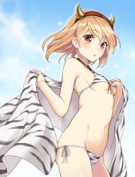 Rule 34 | 10s, 1girl, :o, alternate costume, animal print, bare shoulders, bikini, blonde hair, blush, breasts, brown eyes, djeeta (granblue fantasy), eyebrows, fake horns, from side, front-tie top, granblue fantasy, headband, highres, horns, looking at viewer, navel, ogre (granblue fantasy), short hair, side-tie bikini bottom, sky, small breasts, solo, souryuu (double dragon), swimsuit, underboob, zebra print