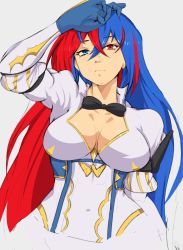 Rule 34 | 1girl, alear (female) (fire emblem), alear (fire emblem), armor, blue eyes, blue gloves, blue hair, blush, breasts, cleavage, female focus, fire emblem, fire emblem engage, gloves, heterochromia, highres, jewelry, juliet sleeves, large breasts, long hair, long sleeves, looking at viewer, matching hair/eyes, multicolored hair, nintendo, puffy sleeves, red eyes, red hair, solo, two-tone hair, very long hair, yoracrab