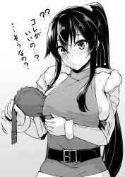 Rule 34 | 1girl, abo (hechouchou), belt, blush, breasts, coat, cowboy shot, gloves, kantai collection, large breasts, long hair, monochrome, ponytail, removing bra, scrunchie, sidelocks, sleeveless, sleeveless sweater, sweat, sweatdrop, sweater, winter clothes, winter coat, yahagi (kancolle), yahagi kai ni (kancolle)