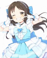 Rule 34 | 1girl, ;d, blush, chipochopo324, fingers to cheeks, gloves, heart-shaped gem, idol clothes, idolmaster, idolmaster cinderella girls, long hair, looking ahead, one eye closed, open mouth, simple background, smile, solo, tachibana arisu, twitter username, two-tone dress, very long hair, white background, white gloves