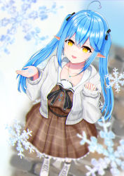 Rule 34 | 1girl, :d, absurdres, ahoge, black bow, blue hair, blurry, blurry foreground, bow, brown dress, collarbone, commentary request, depth of field, dress, eyebrows hidden by hair, gradient hair, hair between eyes, hair bow, hair ornament, hands up, heart, heart ahoge, highres, hololive, hood, hood down, hooded jacket, jacket, jewelry, long hair, long sleeves, multicolored hair, neko punch (user hddm3373), open clothes, open jacket, open mouth, pendant, pink hair, plaid, plaid dress, pleated dress, pointy ears, puffy long sleeves, puffy sleeves, sleeves past wrists, smile, snowflake hair ornament, snowflakes, solo, streaked hair, twintails, very long hair, virtual youtuber, white jacket, yellow eyes, yukihana lamy, yukihana lamy (casual)
