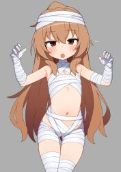 ... 1girl aisaka_taiga bandaged_arm bandaged_hand bandaged_neck bandages belly blush brown_eyes brown_hair claw_pose commentary cowboy_shot flat_chest grey_background half-closed_eyes hands_up highres jitome long_hair looking_at_viewer mikoscrub naked_bandage navel simple_background skindentation solo spoken_ellipsis standing symbol-only_commentary thighs toradora!