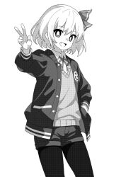 Rule 34 | 1girl, :d, collared shirt, commentary, cowboy shot, fang, greyscale, hair ribbon, hand in pocket, jacket, long sleeves, looking at viewer, monochrome, neck ribbon, onkn sxkn, open clothes, open jacket, open mouth, pantyhose, ribbon, rumia, shirt, short hair, shorts, simple background, smile, solo, touhou, v, white background