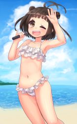 Rule 34 | 10s, 1girl, antenna hair, bad id, bad pixiv id, beach, bikini, blush, breasts, brown eyes, brown hair, double bun, female focus, highres, kantai collection, looking at viewer, microphone, naka (kancolle), nature, navel, one eye closed, open mouth, outdoors, sawatari (sado), sky, small breasts, smile, solo, swimsuit, underboob