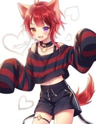 Rule 34 | 1boy, animal ears, collar, crop top, dog boy, dog ears, fangs, heart, heterochromia, la kokiii, looking at viewer, male focus, multicolored hair, multiple boys, non-web source, open mouth, pants, purple eyes, red eyes, red hair, rinu (niconico), shirt, short hair, shorts, simple background, smile, solo, stomach, strawberry prince, striped clothes, striped shirt, tail, utaite, yellow eyes