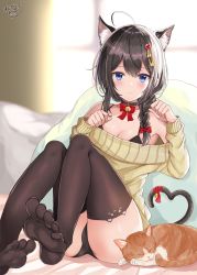 Rule 34 | 1girl, ahoge, akino ell, alternate costume, animal, animal ears, ass, bell, black bra, black hair, black panties, blue eyes, blush, bow, bra, braid, breasts, brown thighhighs, cat, cat ears, cat tail, choker, cleavage, closed mouth, collar, commentary request, feet, hair between eyes, hair flaps, hair ornament, hair over shoulder, hair ribbon, hairclip, highres, jingle bell, kantai collection, kemonomimi mode, looking at viewer, medium breasts, neck bell, on bed, panties, paw pose, pillow, red bow, red ribbon, ribbon, shigure (kancolle), shigure kai ni (kancolle), single braid, sitting, solo, sweater, tail, thighhighs, underwear